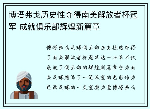 博塔弗戈历史性夺得南美解放者杯冠军 成就俱乐部辉煌新篇章