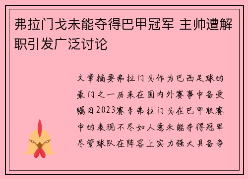 弗拉门戈未能夺得巴甲冠军 主帅遭解职引发广泛讨论
