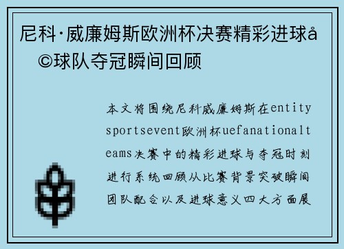 尼科·威廉姆斯欧洲杯决赛精彩进球助球队夺冠瞬间回顾