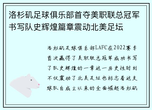 洛杉矶足球俱乐部首夺美职联总冠军书写队史辉煌篇章震动北美足坛 洛杉矶足球俱乐部首夺美职联总冠军书写队史辉煌篇章震动北美足坛